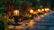 A serene evening scene of illuminated garden path lights along a walkway with lush greenery in the background. 