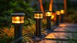 Warmly lit garden path with solar LED lights at dusk, creating a serene outdoor ambiance. 
