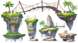 Game level map UI design asset kit - floating ground platform with stones and grass, suspension bridge with rope and palm trees. Cartoon modern set of footbridge and island for jumping and walking.