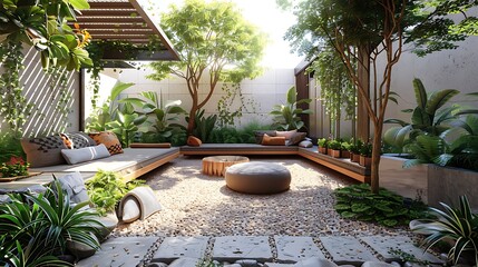 Contemporary outdoor patio in a peaceful garden setting with comfortable seating and lush greenery 