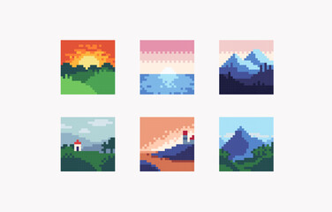 Wall Mural - Landscape pixel art set. Nature sunset, mountain, and country view scene collection. 8 bit. Game development, mobile app. Isolated vector illustration.