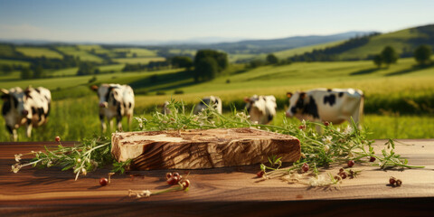 Wall Mural - Empty wooden table for product demonstration and presentation on the background of summer pasture with grazing cows. Banner