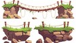 An old rope and stone bridge hangs with green grass and stones for a game UI design. Cartoon illustration of a footbridge straining over a risky abyss on a cliff edge.