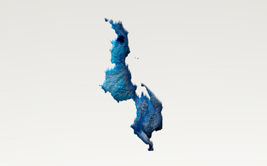Wall Mural - 3d Deep Blue Water Malawi Map Shaded Relief Texture Map On White Background 3d Illustration