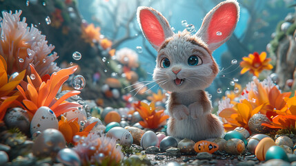 Cartoon 3D cute bunny with Easter eggs