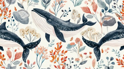 Wall Mural - Whale Cozy Charm. Pattern Featuring Whales in a Warm and Cozy Color Palette, Creating a Delightful and Comforting Atmosphere.