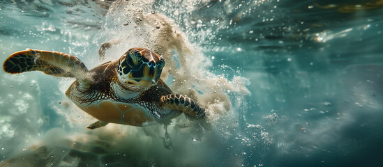 Wall Mural - A turtle is swimming in the ocean with its head above the water