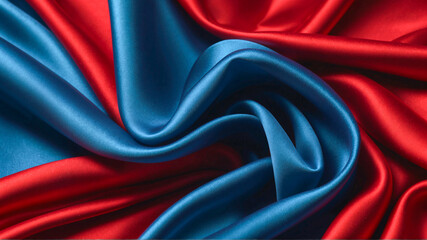 Blue and red silk satin fabric background. Highly detailed and wavy two-tone fabric texture. AI-Generated