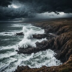  A dramatic storm brewing over a rugged coastline, with crashing waves and dark clouds.