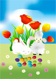 Fototapeta  - Easter composition with Easter eggs, a hare, a ram and spring flowers