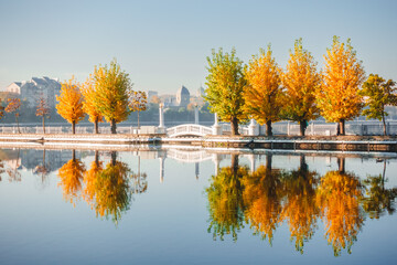 Poster - Fantastic morning promenade with autumn trees on the lake. Ternopil, Ukraine, Europe.