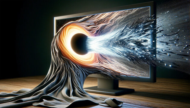 an image of a computer screen with a black hole in the center. a man is sucked into the screen. a sl