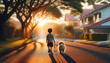 © Jakob - A child and a puppy leisurely strolling along a residential street as evening falls. The child gently holds the puppy's leash, guiding him as they explore the area together.
