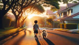 Fototapeta Uliczki - A child and a puppy leisurely strolling along a residential street as evening falls. The child gently holds the puppy's leash, guiding him as they explore the area together.
