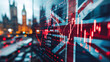 UK flag with stock exchange trading chart double exposure, British english trading stock market digital concept