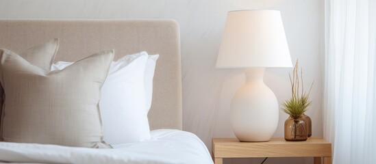 In this modern bedroom, there is a bed with white pillows, a sleek nightstand, and a modern white lamp on a wooden table side. The room exudes a contemporary and minimalist aesthetic.