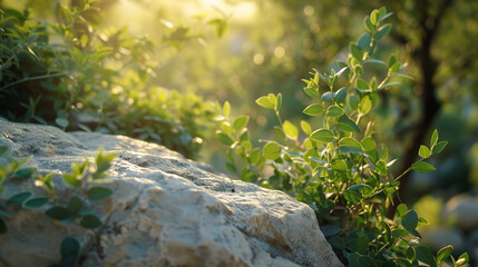 Sunlit stone surface with green plants in a natural setting