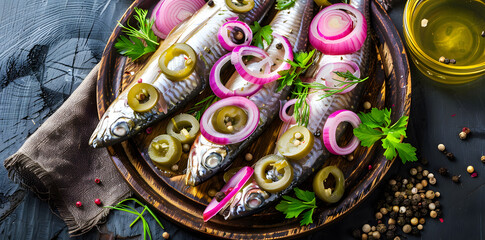 Wall Mural - Herring with onion on rustic wooden plate