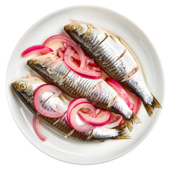 Wall Mural - Herring with onion on white plate top view isolated on white