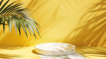 Wall Mural - Product presentation with a shadow of tropical palm leaves. Marble podium, stage pedestal platform for displaying cosmetic product, Mockup yellow wall abstract background Spring and summer