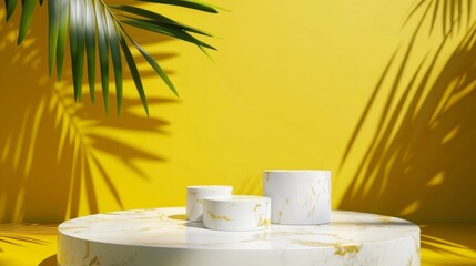 Wall Mural - Product presentation with a shadow of tropical palm leaves. Marble podium, stage pedestal platform for displaying cosmetic product, Mockup yellow wall abstract background Spring and summer