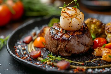 Wall Mural - Seared Steak with Scallops and Tomatoes