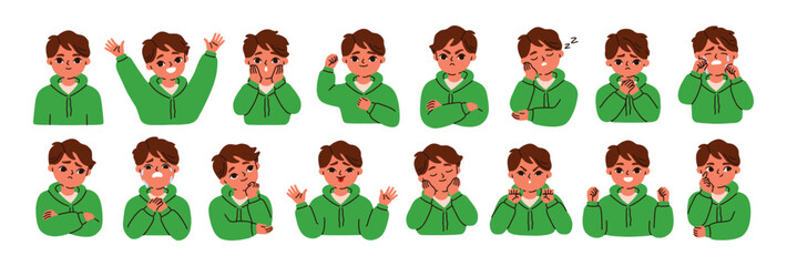 Wall Mural - Kid emotions set. Child with different face expressions. Boy character, happy and sad mood. Angry, surprised, bored, excited, crying children. Flat vector illustrations isolated on white background