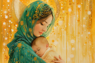 Wall Mural - Virgin Mary with baby Jesus modern artistic colorful bright artwork, spiritual sacred scene