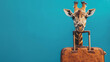 A giraffe is about to go on vacation on a blue background with space for text. With suitcase. 