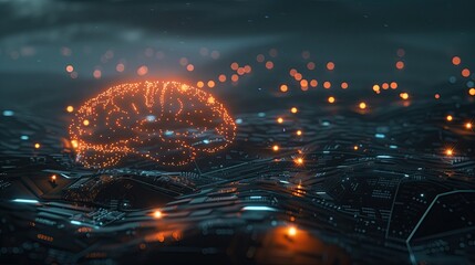 Poster - Futuristic AI brain network glowing over a digital landscape, symbolizing machine learning insights.