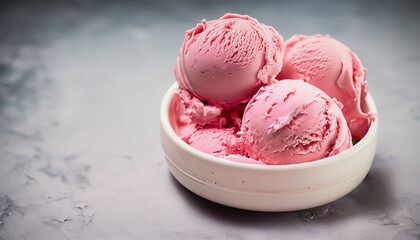 Closeup shot of a bowl with scoops of pink ice cream; high-quality photo, food photography concept, studio, lifestyle