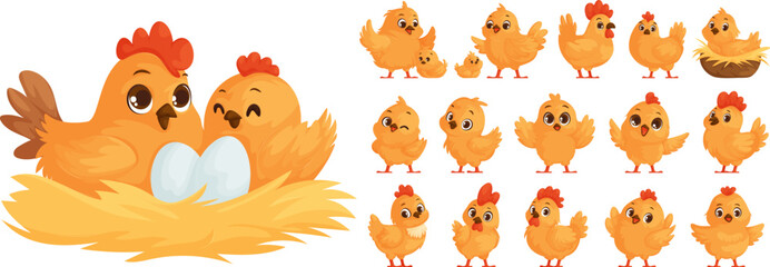 Large set of chicken family in cartoon. Yellow chickens, Hen hatches eggs. Mother hen and chicks. Big and small roosters. Chicken and rooster in the nest.