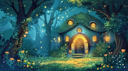 Wall Mural - Little gnome or elf house in forest with green trees and glowing neon flowers. Cartoon fairytale summer woods landscape with little house with doors, windows, and lanterns.