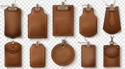 Wall Mural - Labels and tags in brown leather with stitches. Vintage badges and patches in genuine leather with seams and metal rivets, modern realistic set isolated on transparent background.