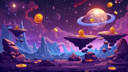 Wall Mural - Floating platforms in a space adventure game. Modern illustration of the alien planet's rocky landscape, golden coins on level stones, score points, stars and moon glowing in the dark.