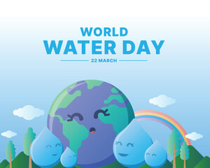 Wall Mural - World water day - Cute earth and group of drops water character on floor with tree and rainbow vector design