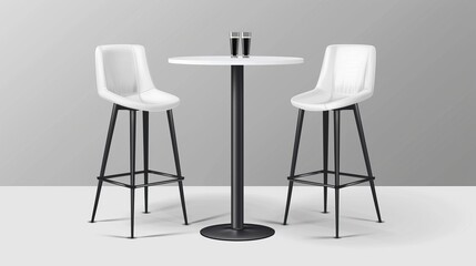 Wall Mural - White plastic top and black legs booth high table and three chairs. Cafe or exhibition bar counter with stools. Realistic modern illustration of empty furniture for advertising product shows.
