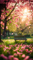 Canvas Print - A 
 vibrant springtime image showcasing a tranquil park with cherry blossom