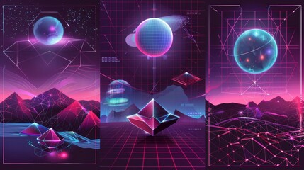 Wall Mural - A set of retro futuristic geometric posters from the year 2000. Modern illustrations of retrowave flyers with 3D wireframe globes, torus and diamond shapes.