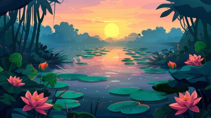 Wall Mural - Water lilies on lake surface shadowed by jungle trees and plants in a swamp with lotus flowers at sunset. Modern illustration of beautiful scenery.