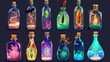 Decorative glass bottles filled with magical liquid magic potion or medicine with emerald, canine tooth and crow feather corks. Cartoon modern game UI assets set of fantasy liquid wizard elixirs.