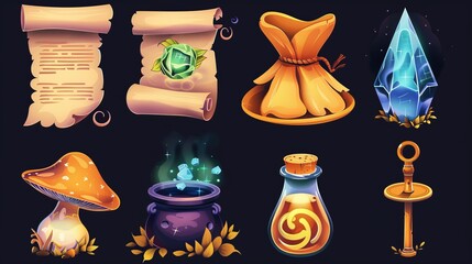 Wall Mural - Set of magic game assets isolated on black background. Scroll of parchment, golden ring, mushroom, potion boiling in a cauldron, fortunetelling crystal, wizard hat, UI design.