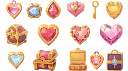 Wall Mural - This is a game icon set with heart shaped elements. Modern illustration kit of gui design assets - key, chest, and coin with heart diamond decorations. Golden items with gems in a love theme.