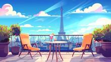 This Cartoon Illustration Illustrates An Eiffel Tower View From A Rooftop Patio Or Balcony With A Cocktail In A Glass On The Table And A Couple Of Chairs. This Is An Illustration Of A Romantic