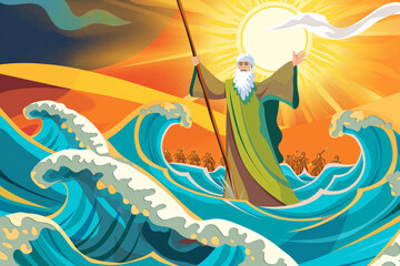 Wall Mural - Jewish exodus biblical story cartoon illustration - Moses parting the Red Sea for the Israelites to cross, the sea opens into two big waves forming a passage