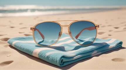 Wall Mural - A pair of sunglasses placed on a beach towel, reflecting the sandy shore and clear blue sky, symbolizing the perfect beach day. ai generative