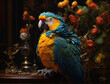 A parrot sits on a table in a house with a vase of flowers in the background.