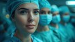Female surgeon with a serene expression leads a team of medical professionals in the operating room