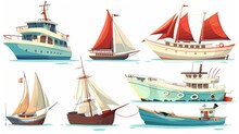 Ships Isolated On A Dark Background. Illustration Of A Tourist Cruise Ship, A Vintage Sailboat With Red Sails, A Fishing Boat Sunken After A Shipwreck, And A Collection Of Water Transportation