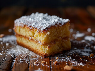 Wall Mural - Slice Piece of Sponge Cake with White Sugar Icing on a Wooden Table